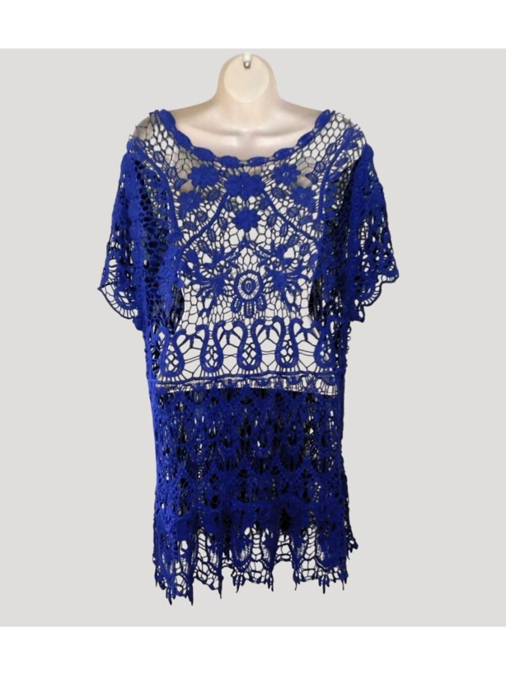 Crochet Lace Tunic Top Womens XL Royal Blue Short Sleeves Boho Style - Picture 4 of 5